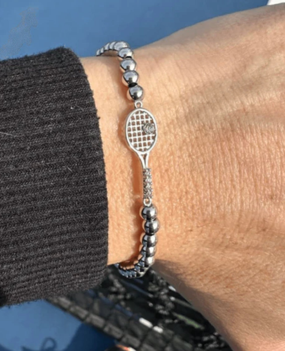 Born To Rally Silver Rhinestone Tennis Racket Beaded Bracelet