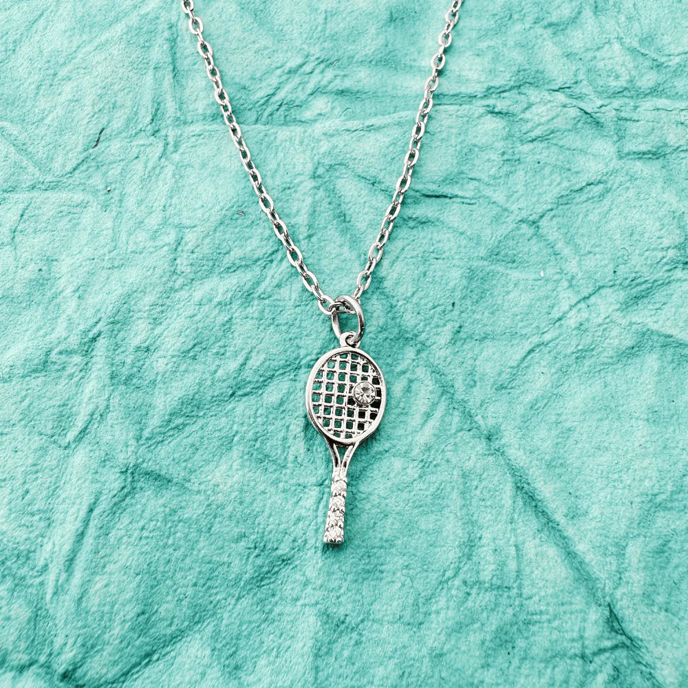 Born To Rally Silver Tennis Racket Rhinestone Necklace